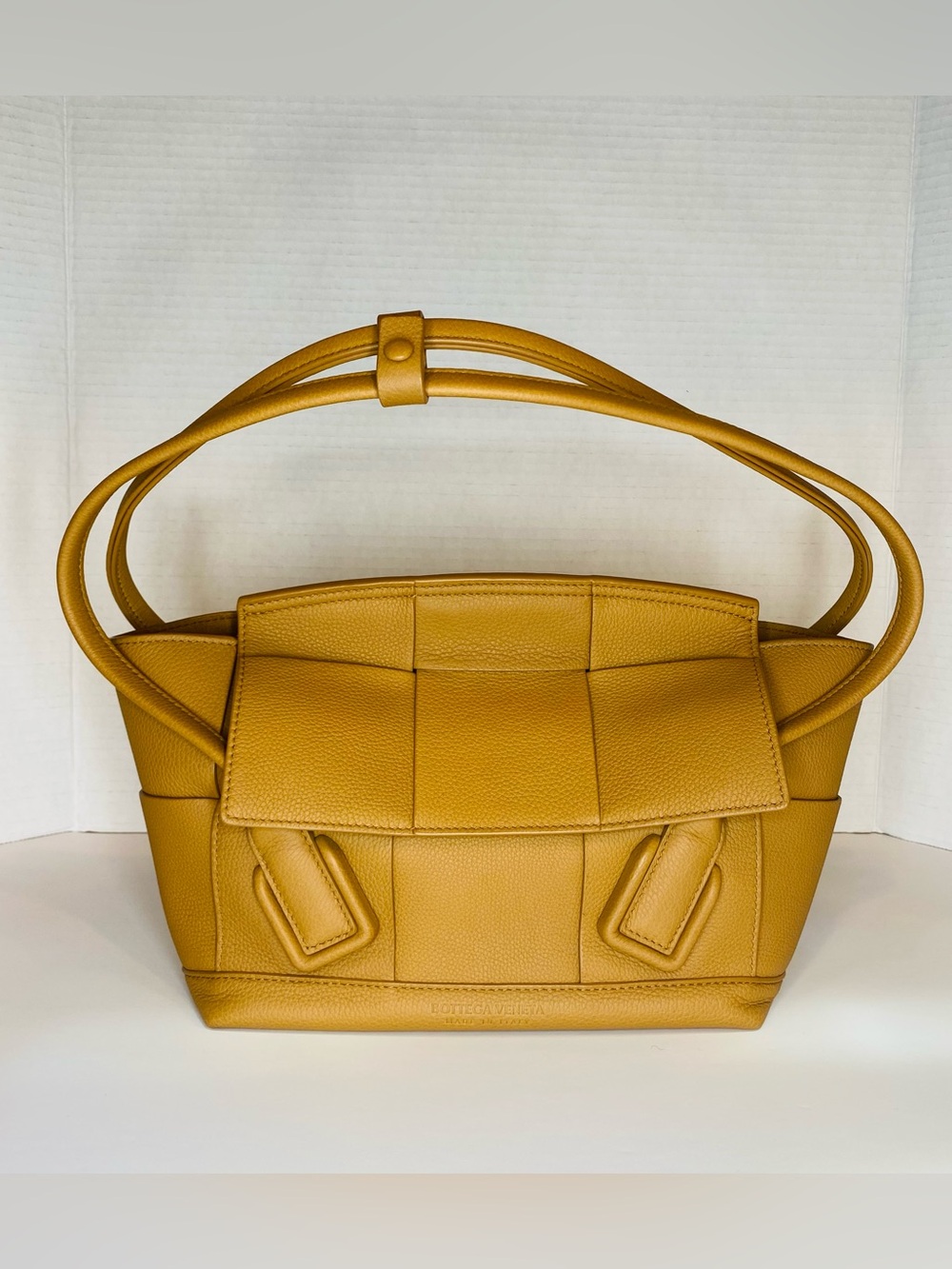 Bottega Veneta Arco Mustard Woven Leather Shoulder Bag